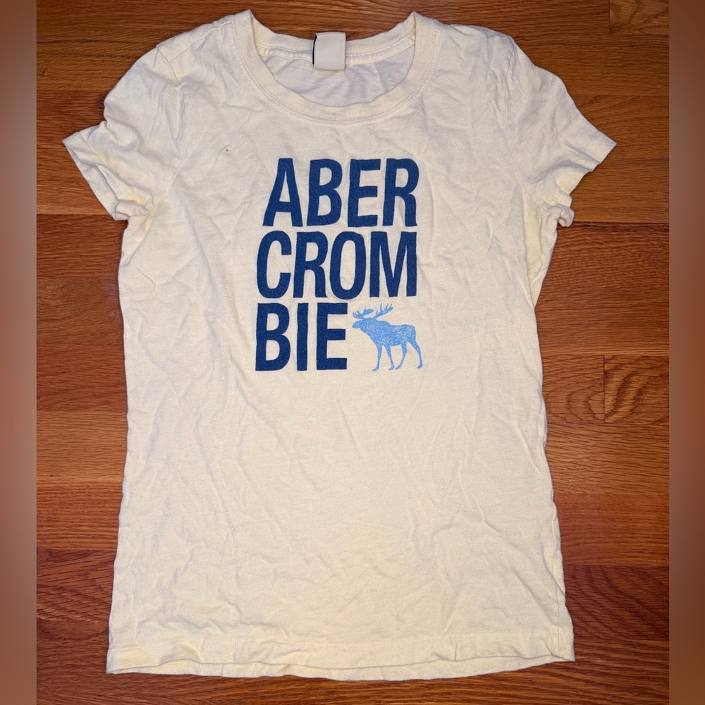 Abercrombie & Fitch Y2K Graphic Baby Tee Cream Blue Logo Fitted Vintage Top